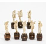 EIGHT MUSICIANS CARVED IN IVORY ON WOODEN PEDESTALS. Presumably Erbach. End of the 19th century.