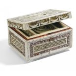 MAGNIFICENT NEEDLEWORK CASKET MADE OF WOOD AND BONE. Russia. 19th century. Wood case with pierced