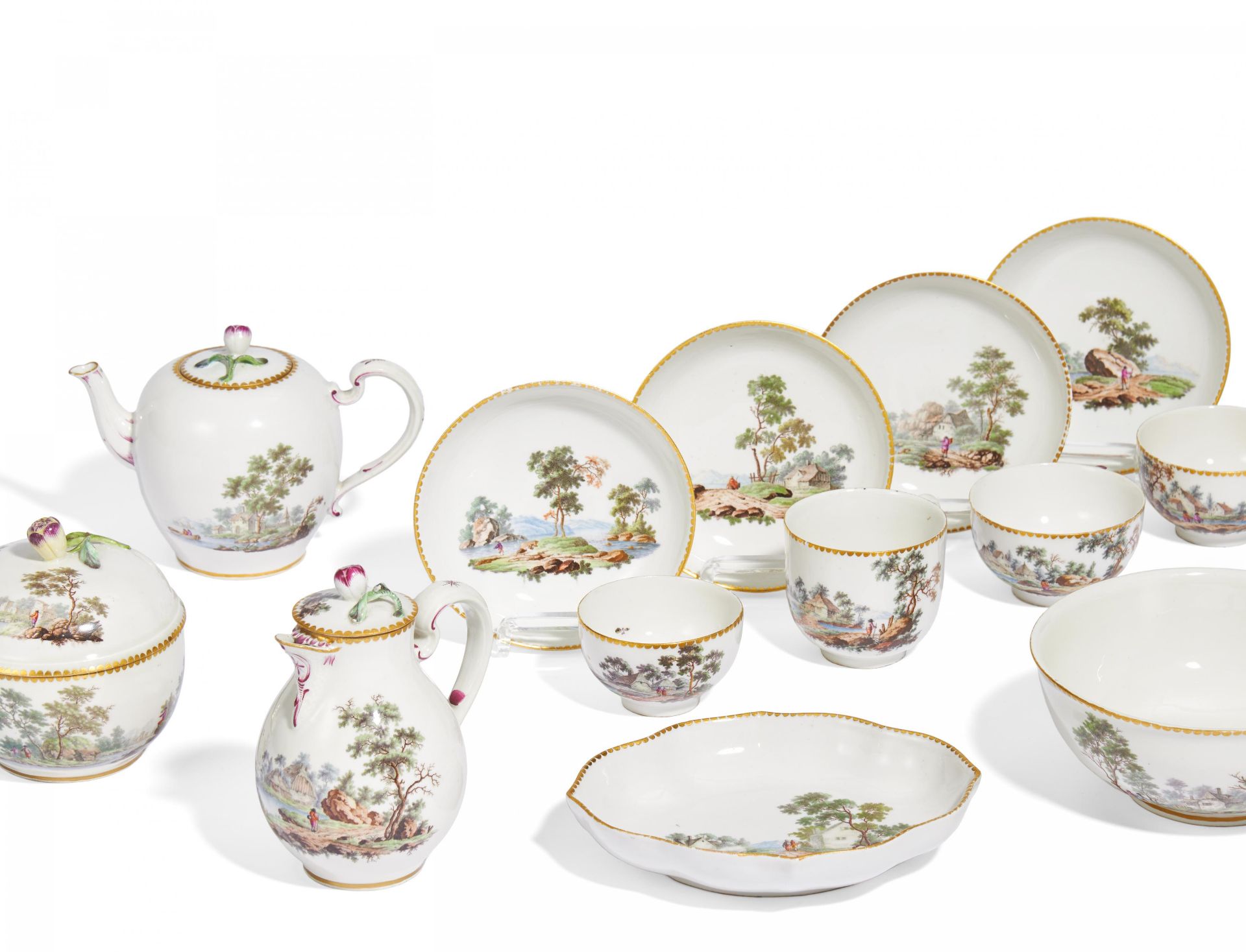 PORCELAIN TEA SERVICE WITH LANDSCAPE SCENERIES. Zurich. Ca. 1775. Painting decor attributed to