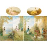 ENSEMBLE OF FOUR OIL ON CANVAS WALL TABLEAUS AND TWO SUPRAPORTE WITH ROCOCO SCENERIES. Rumpf,