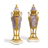 PAIR OF DECORATIVE VASES MADE OF WHITE MARBLE, MAUVE COLOURED AGATE AND GILDED BRONZE. Russia.