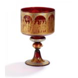 LARGE HISTORISTIC GLASS CHALICE WITH THE PARADE OF THE DOGE. Murano. 19th century. Red glass painted