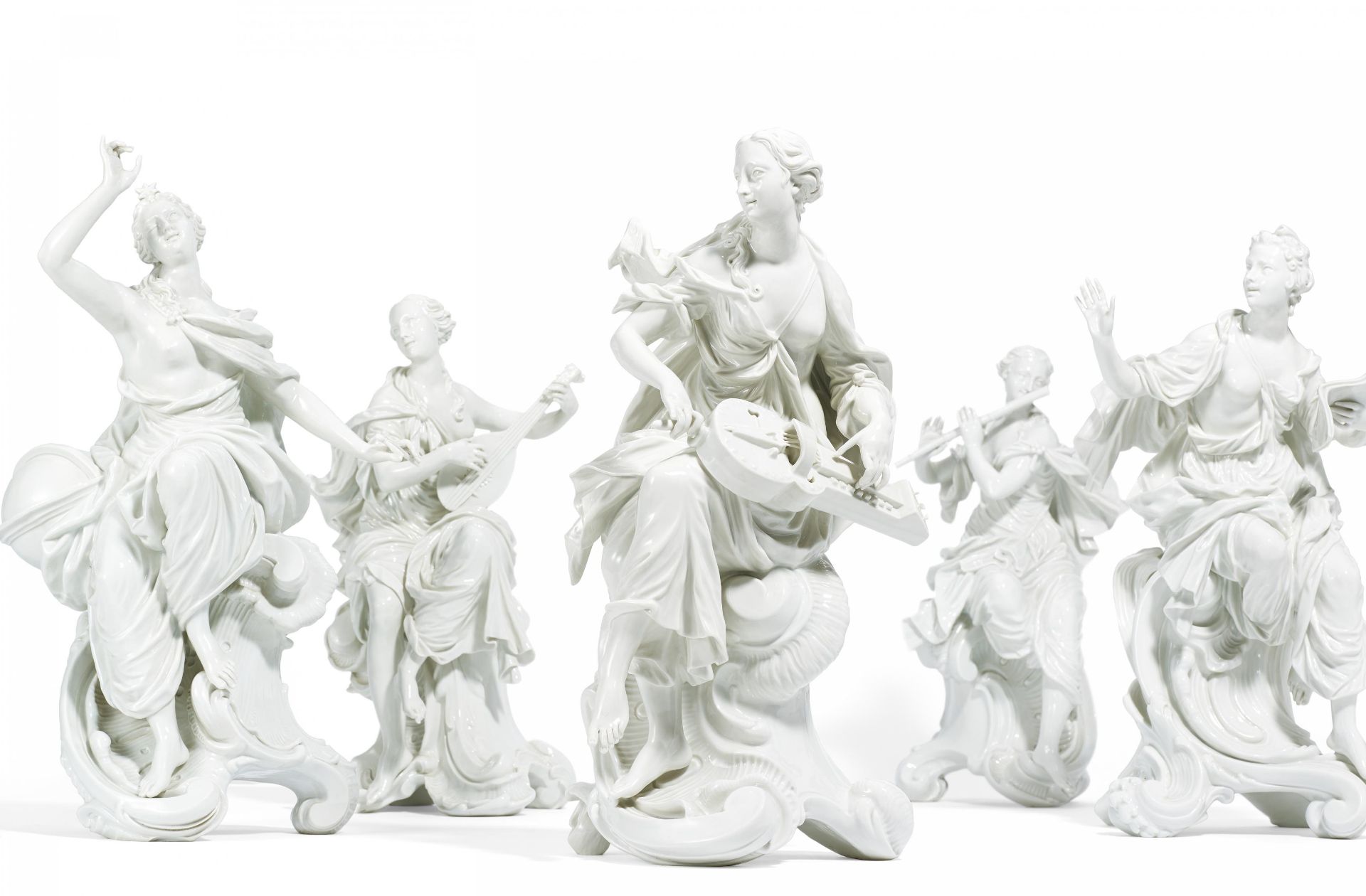 FIVE PORCELAIN FIGURINES FROM THE SERIES "THE MUSES". Meissen. 1980-1982. Models J.J. Kaendler.