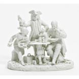 PORCELAIN ENSEMBLE OF QUACK DOCTOR WITH SICK MAN AND HARLEQUIN. Meissen. Model J.J. Kaendler.