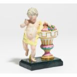 PORCELAIN CUPID LEANING ON VASE. Höchst. 18th century. Porcelain, enriched in colours and gold.