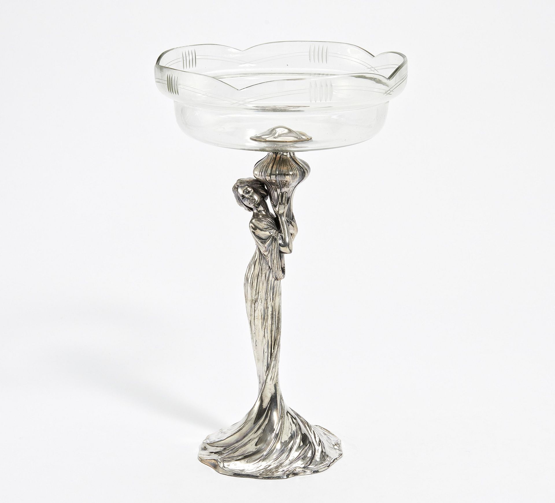 ART NOUVEAU CENTERPIECE WITH YOUNG WOMAN MADE OF SILVERED METAL AND CUT GLASS. WMF. Württembergische