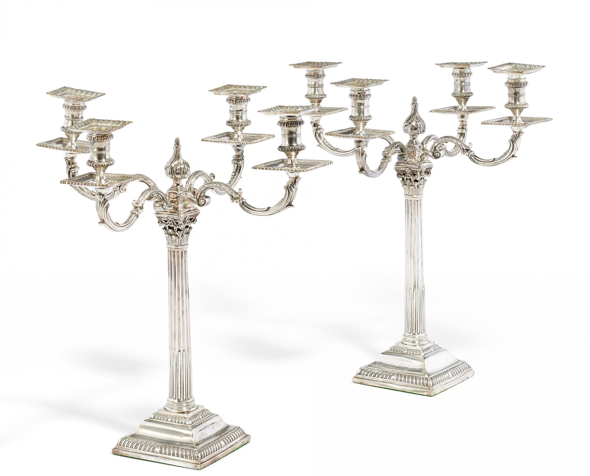 PAIR OF LARGE GEORGE III SILVER GIRANDOLES WITH COLUMN SHAFTS. London. 1765-66. William Cripps /