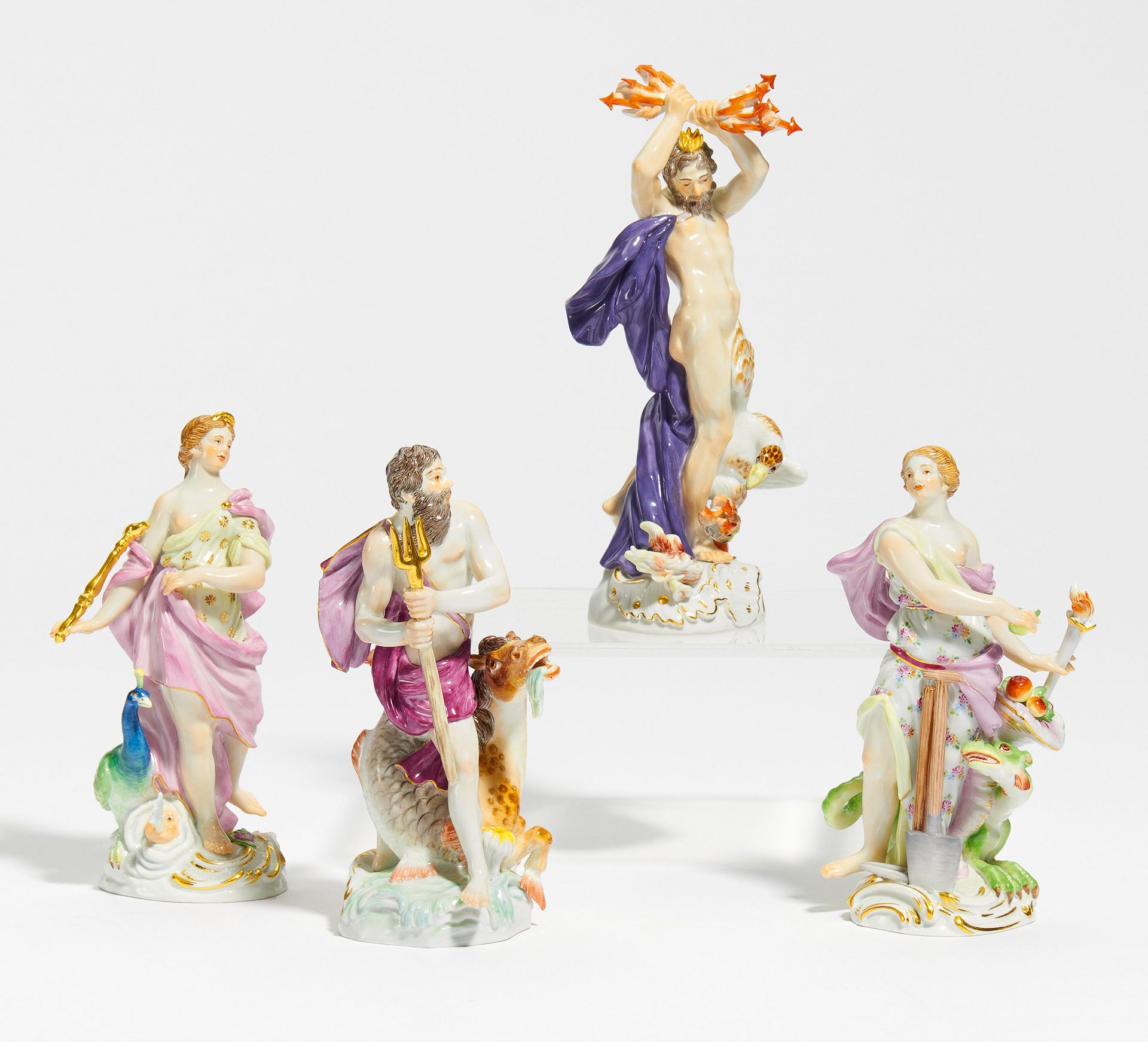 SERIES OF PORCELAIN FIGURES "THE FOUR ELEMENTS". Meissen. Models F.E. Meyer. Porcelain, enriched