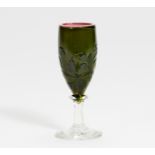 MINIATURE GLASS CHALICE WITH ROSE TENDRILS. Gallé, Emile. Nancy. Um 1880-1884. Farbloses Glas. Kuppa