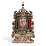BAROQUE HOUSE ALTAR WITH ANNUNCIATION MADE OF SHEET SILVER ON WOODEN BODY AND ENAMEL APPLIQUÉS.