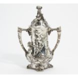 LARGE DOUBLE HANDLED BEAKER WITH CHEERFUL BACCHANAL MADE OF SILVERED METAL. WMF. Württembergische