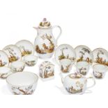 PORCELAIN COFFEE AND TEA SERVICE WITH HUNTING DEPICTIONS. Meissen. Ca. 1780. Porcelain, decorated in