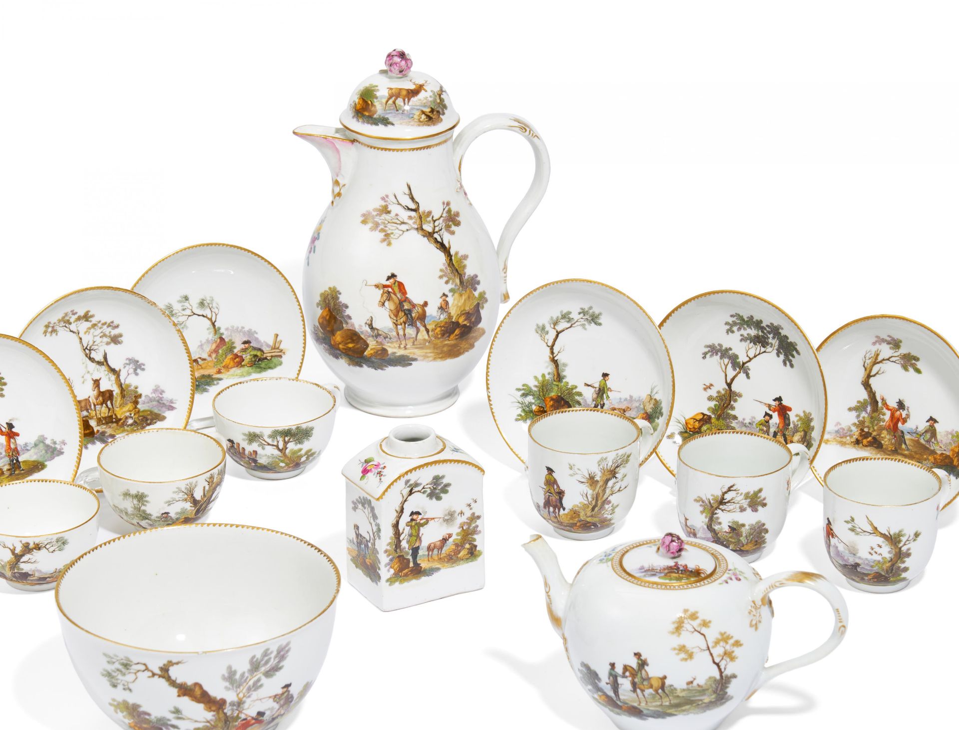 PORCELAIN COFFEE AND TEA SERVICE WITH HUNTING DEPICTIONS. Meissen. Ca. 1780. Porcelain, decorated in