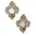 PAIR OF WOODEN ROCOCO MIRROR-APPLIQUES. Venice. 18th century. Wood carved and polychromed in green