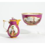 PORCELAIN COFFEE POT AND BOWL WITH PURPLE FOND. Meissen. Ca. 1740. Porcelain, decorated in colours