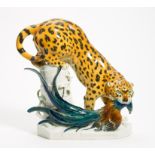 LARGE PORCELAIN FIGURE OF LEOPARD TAKING A PHEASANT. Volkstedt. After 1945. Model A. Storch, 1922.