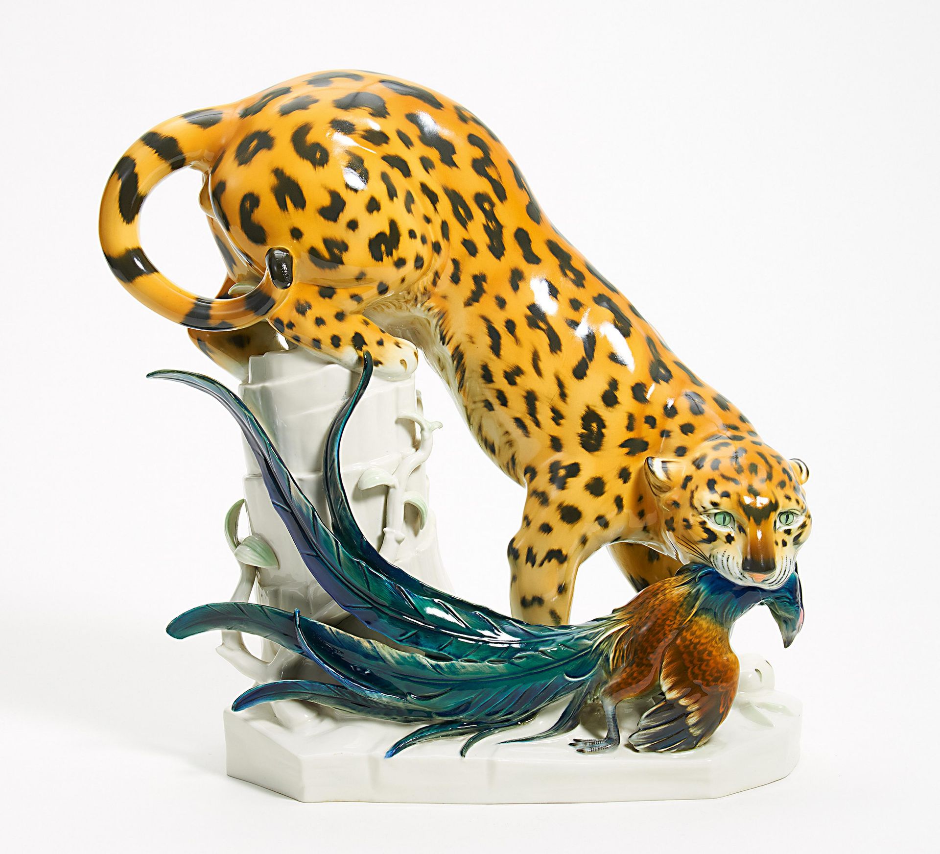 LARGE PORCELAIN FIGURE OF LEOPARD TAKING A PHEASANT. Volkstedt. After 1945. Model A. Storch, 1922.
