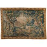 TAPESTRY. Flanders. 18th century. Wool and silk. Vast landscape with two herons and architecture.