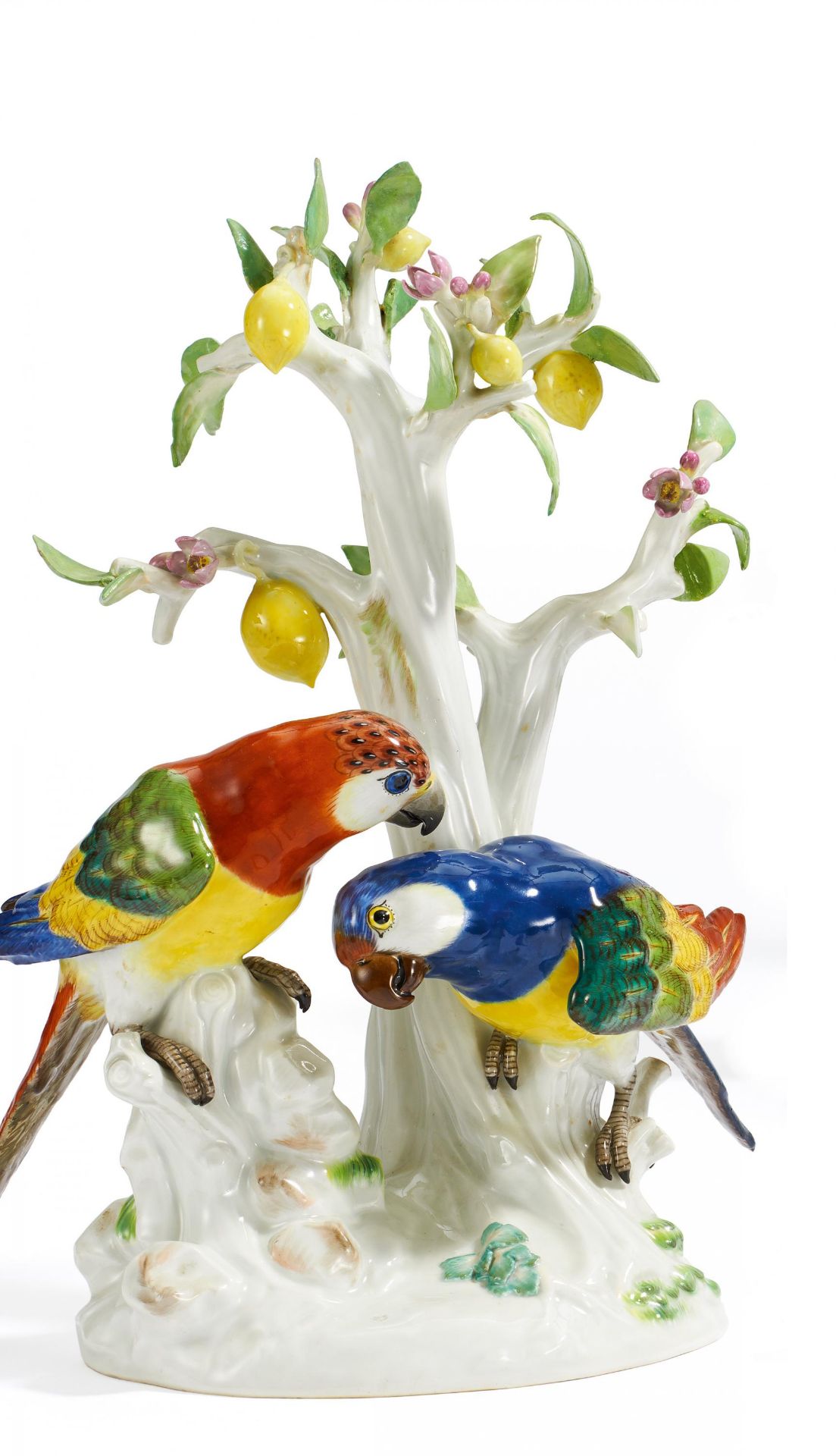 PORCELAIN ENSEMBLE OF PARROT COUPLE UNDER LEMON TREE. Meissen. 1968. Model J.J. Kaendler. Porcelain,