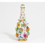 BOTTLE SHAPED PORCELAIN VASE WITH INSECTS AND APPLIED FLOWERS. Meissen. 19th century. Porcelain,