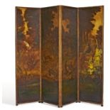 WOOD AND LEATHER FOLDING-SCREEN. England. 19th century. The painting attributed to Emile Brunner-