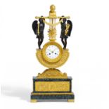 GILDED AND PATINATED BRONZE LYRA PENDULUM CLOCK CHARLES X. Paris. Ca. 1830. Marble. Gilded and