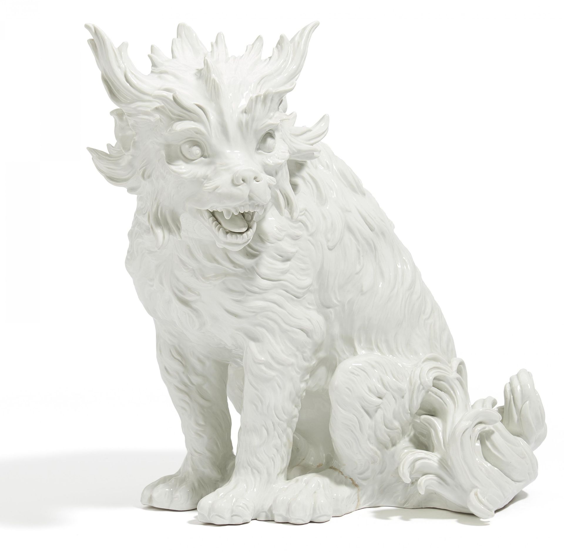 LARGE PORCELAIN FIGURINE OF A BOLOGNESE DOG. Meissen. 1960. Model presumably J.J. Kaendler.