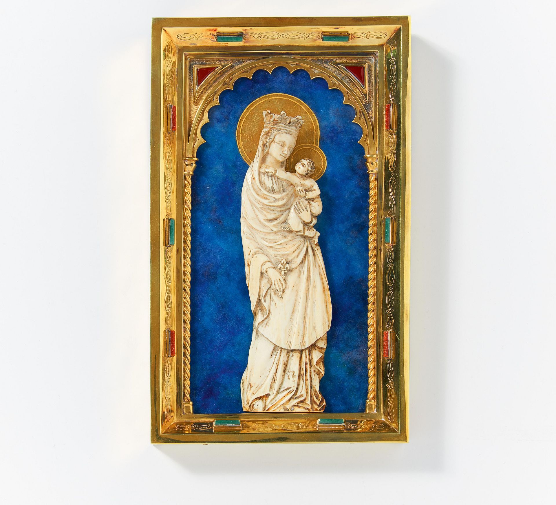 SILVER, ENAMEL AND IVORY DEVOTIONAL IMAGE OF MARY AND CHRIST CHILD. Barcelona. 20th century.