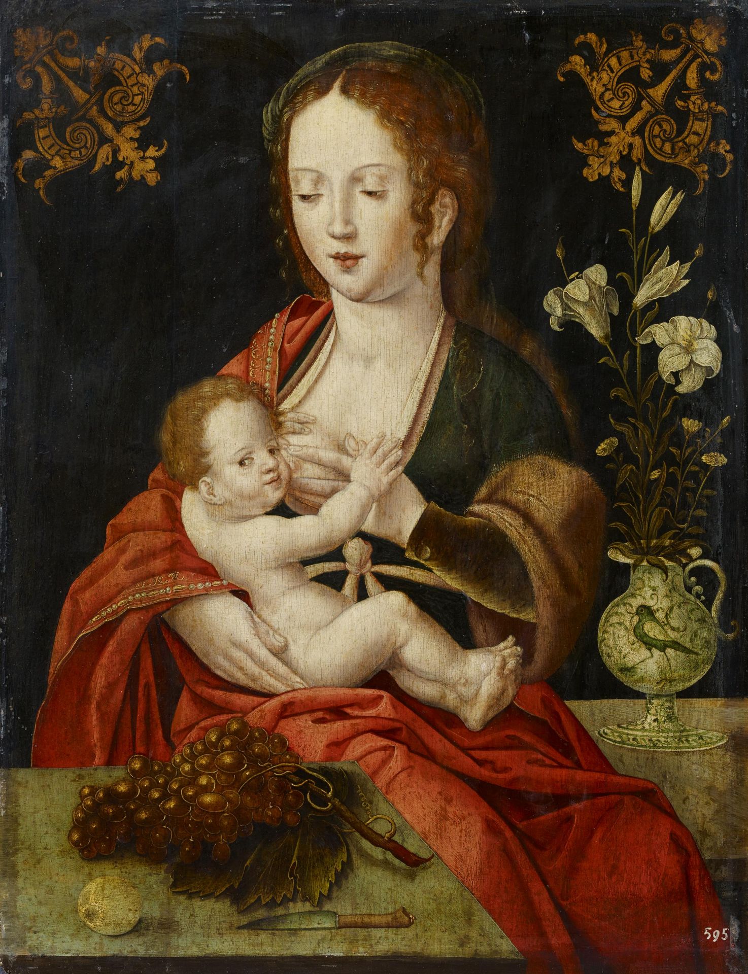 Meister mit dem Papageitätig in Antwerpen 1520 - 1540Die Madonna mit den Trauben. Öl auf Holz. - Bild 5 aus 5