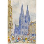 Rüdell, Carl1855 Trier - 1939 KölnRosenmontag vor dem Kölner Dom. Aquarell auf Papier. Montiert.