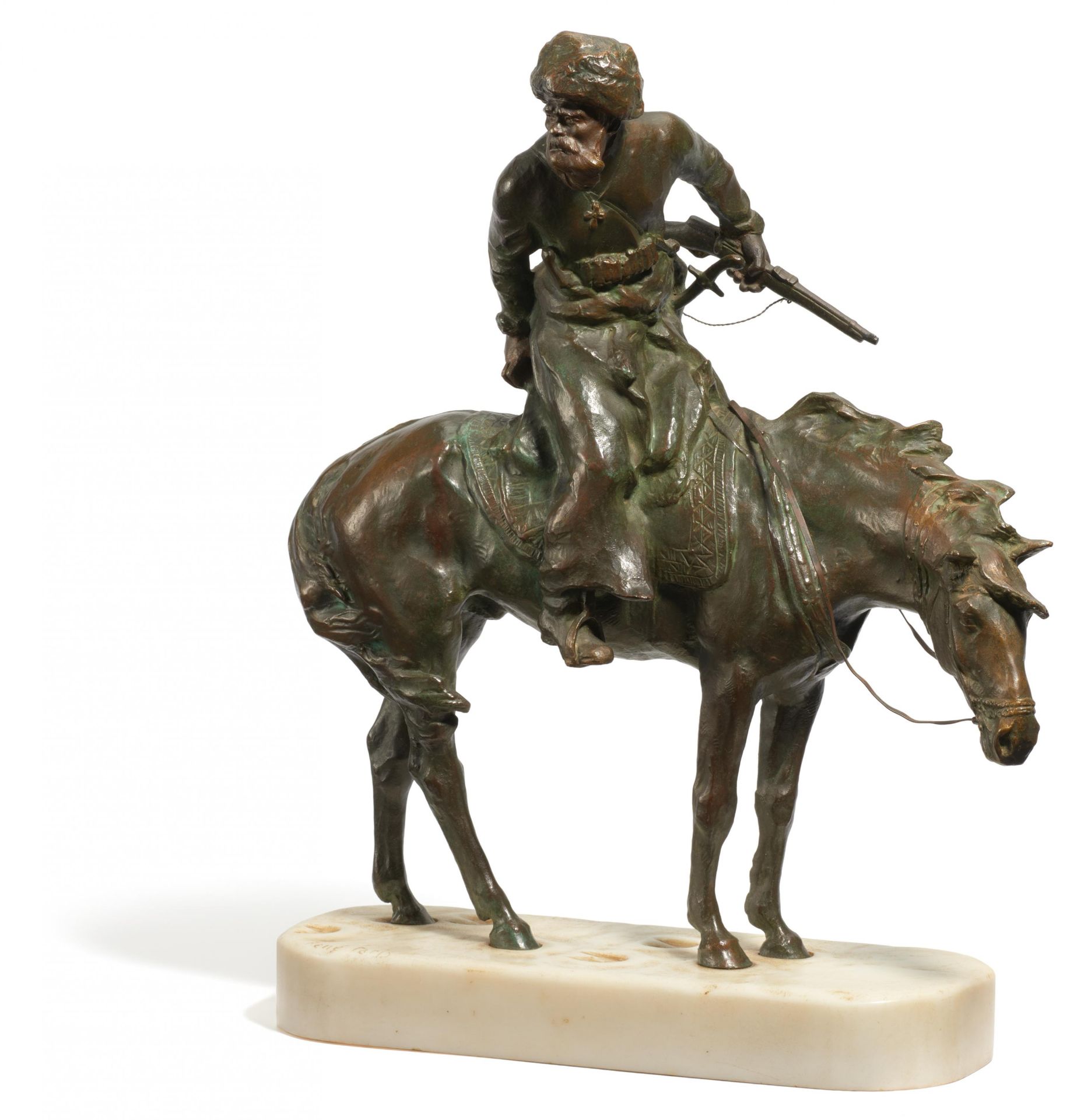 Paris, Réné1881 - 1970Kosakenreiter im Schnee. Bronze. Höhe: 43cm. Bezeichnet auf dem Sockel: René