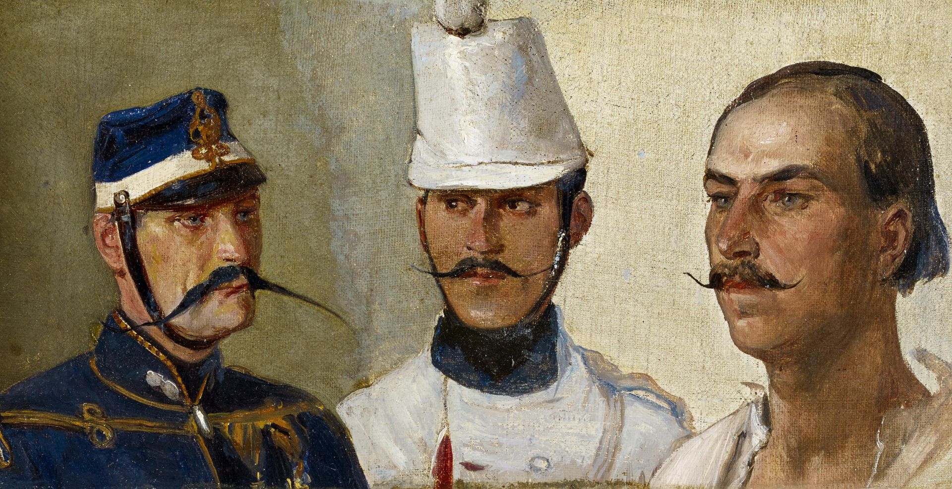 Französischer Meister - 19. Jh.Kopfstudie dreier französischer Soldaten. Öl auf Leinwand. Auf Karton