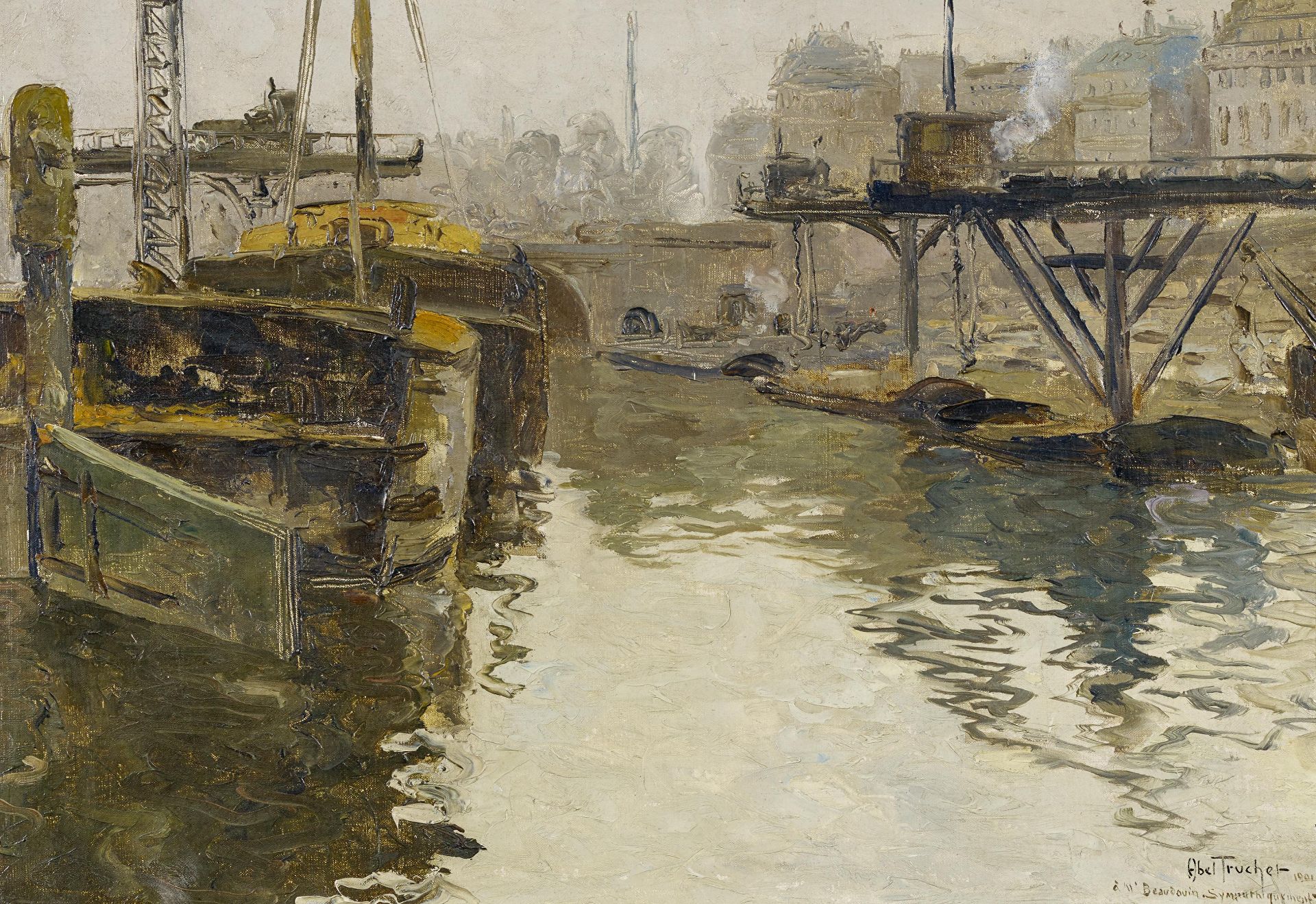 Abel-Truchet, Louis1857 Versailles - 1918 AuxerrePéniches. Lastkähne im Hafen. Öl auf Leinwand. 38,5