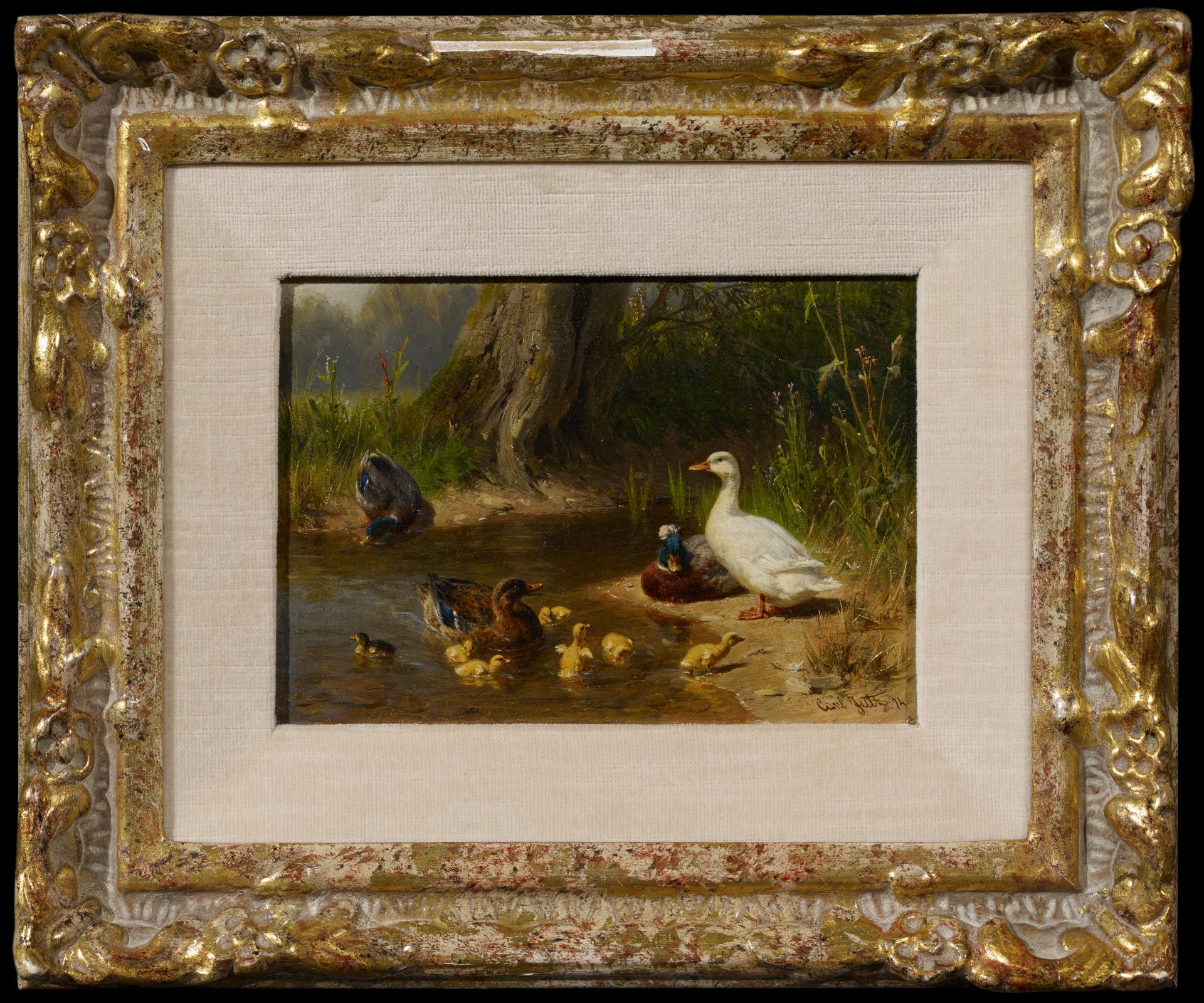 Jutz, Carl d.Ä.1838 Windschläg - 1916 PfaffendorfEntenfamilie am Wasser. Öl auf Holz. 13,5 x 18,5cm. - Bild 2 aus 3