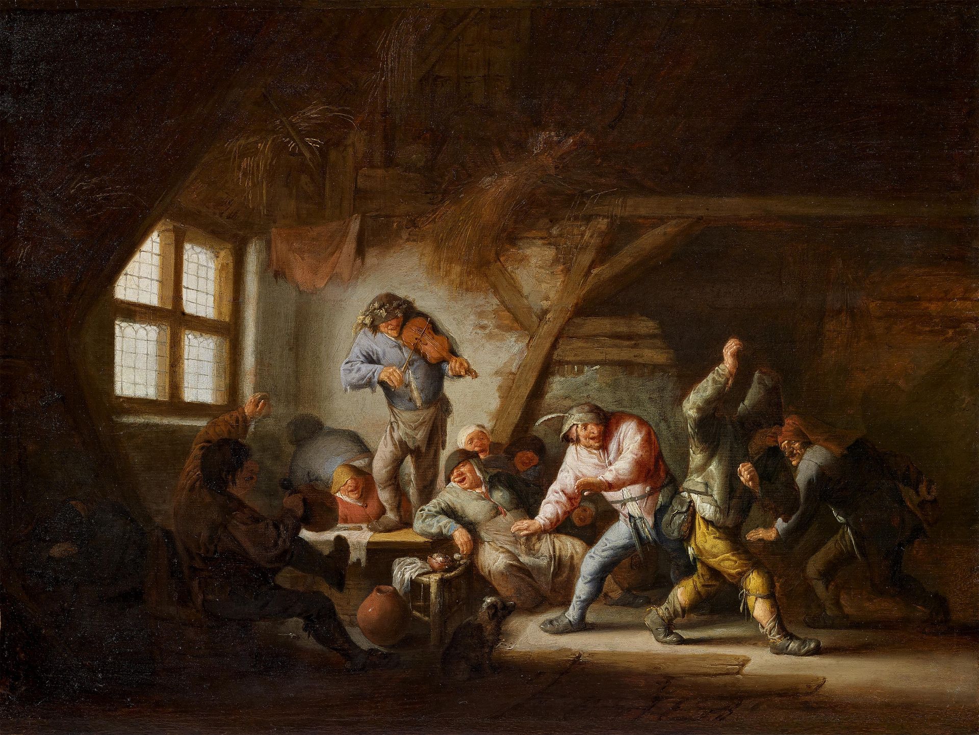 Ostade, Adriaen vonHaarlem 1610 - 1684Tanzende Bauern in der Scheune. Öl auf Holz. Parkettiert. 44 x