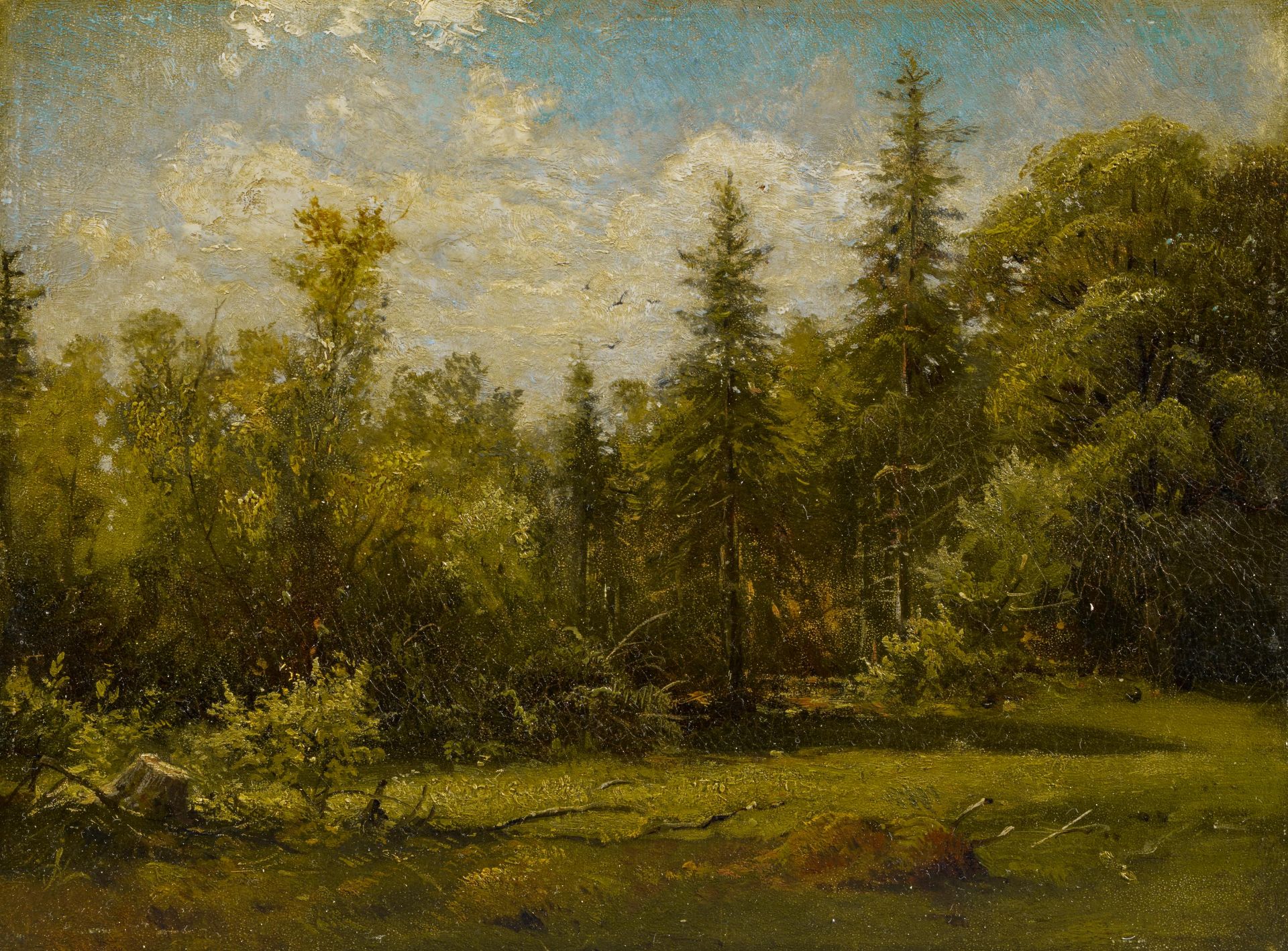 Schischkin, Ivan Ivanovic1831 Elabuga - 1898 St. PtersburgWaldlichtung. Öl auf Karton. 26 x 34cm.