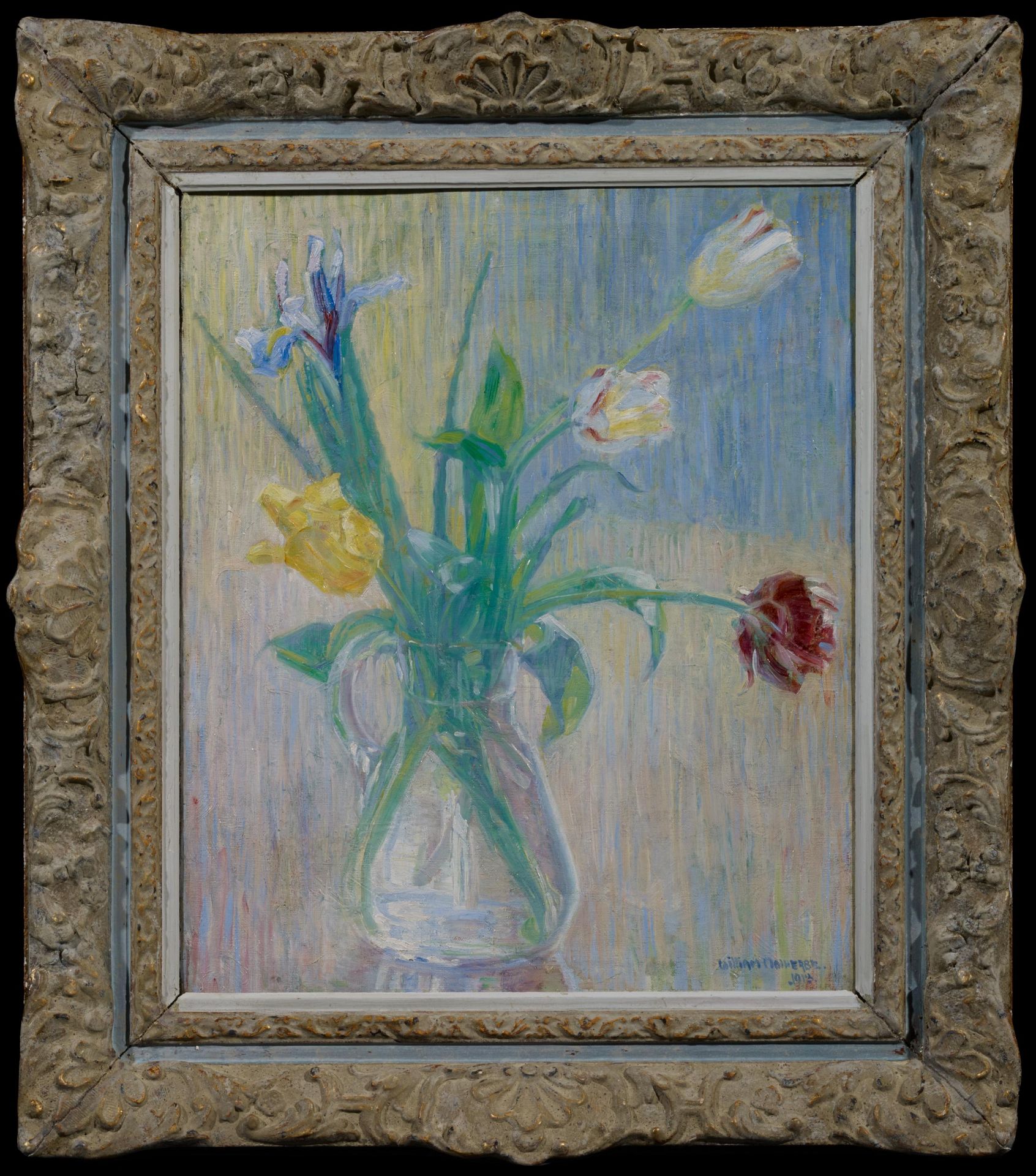 Malherbe, William1884 Senlis - 1951Tulpenstrauß in einer Glaskaraffe. Öl auf Leinwand. Doubliert. 56 - Bild 2 aus 4