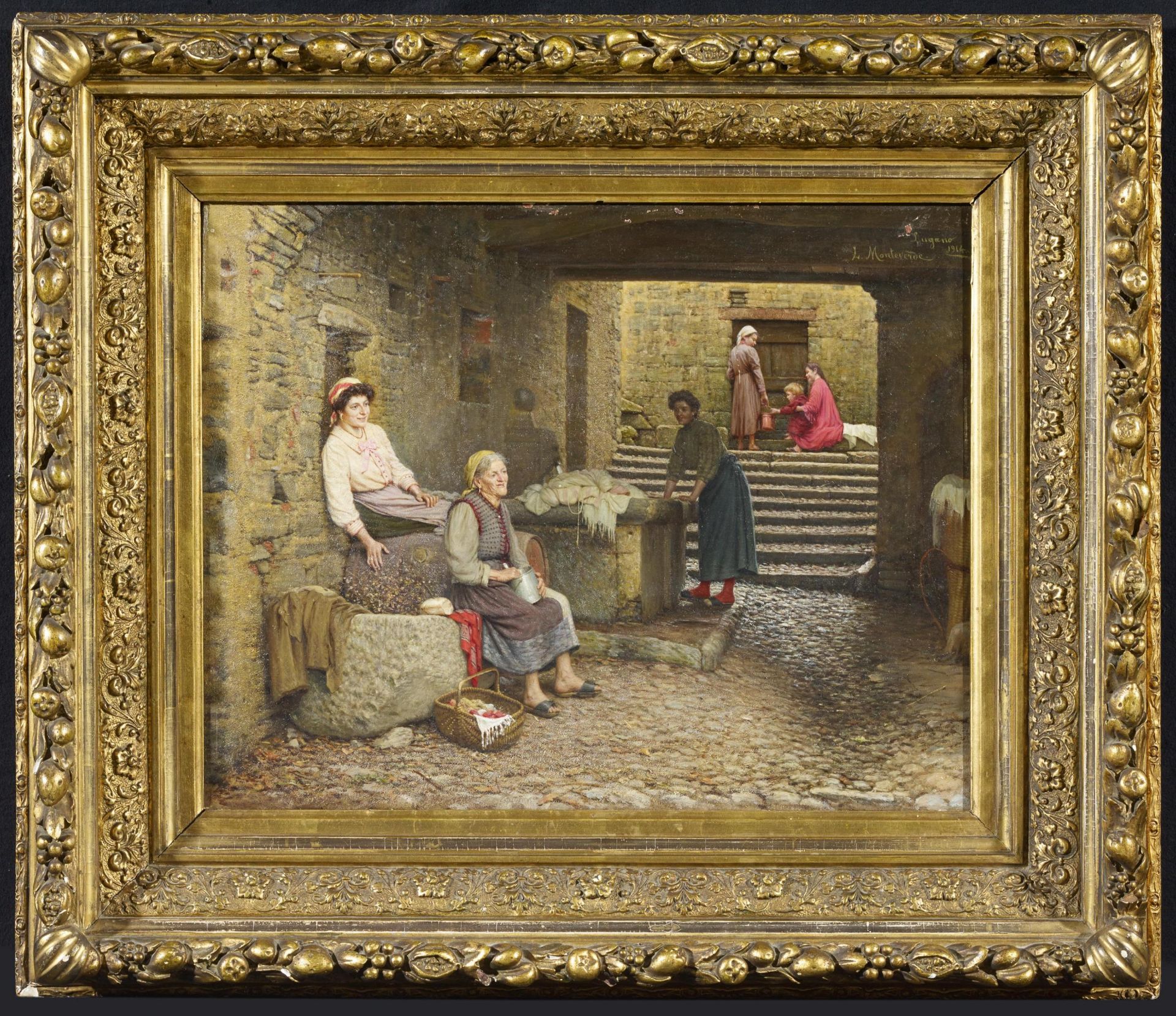 Monteverde, LuigiLugano 1841 - 1923Frauen bei der Wäsche am Dorfbrunnen. Öl auf Leinwand. 40 x 50cm. - Bild 2 aus 4