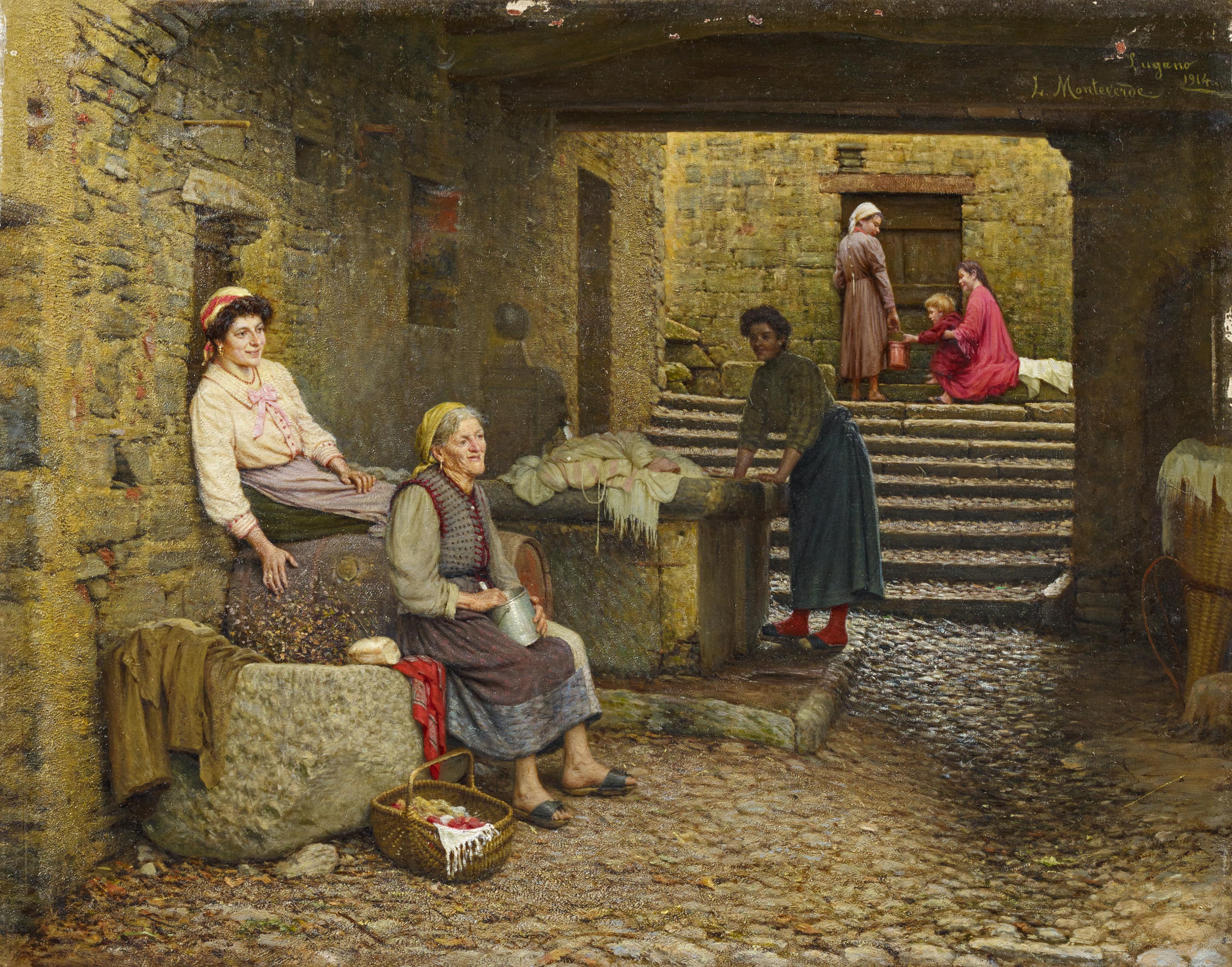 Monteverde, LuigiLugano 1841 - 1923Frauen bei der Wäsche am Dorfbrunnen. Öl auf Leinwand. 40 x 50cm.