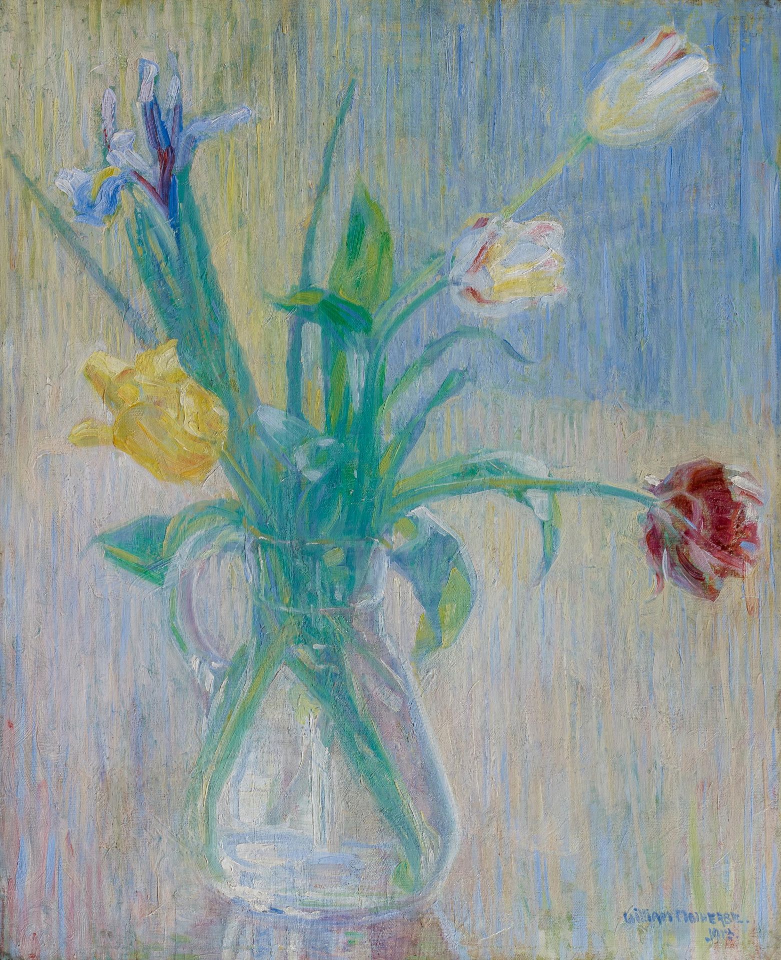 Malherbe, William1884 Senlis - 1951Tulpenstrauß in einer Glaskaraffe. Öl auf Leinwand. Doubliert. 56