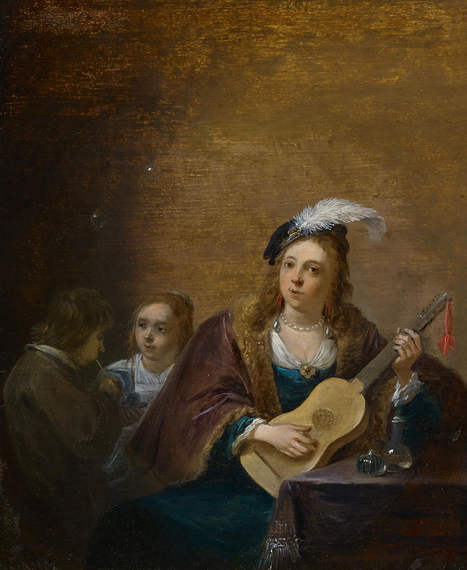 Teniers, David d.J 1610 Antwerpen -1690 Brüssel "Gitarre spielende, junge Dame mit Kindern (...)".