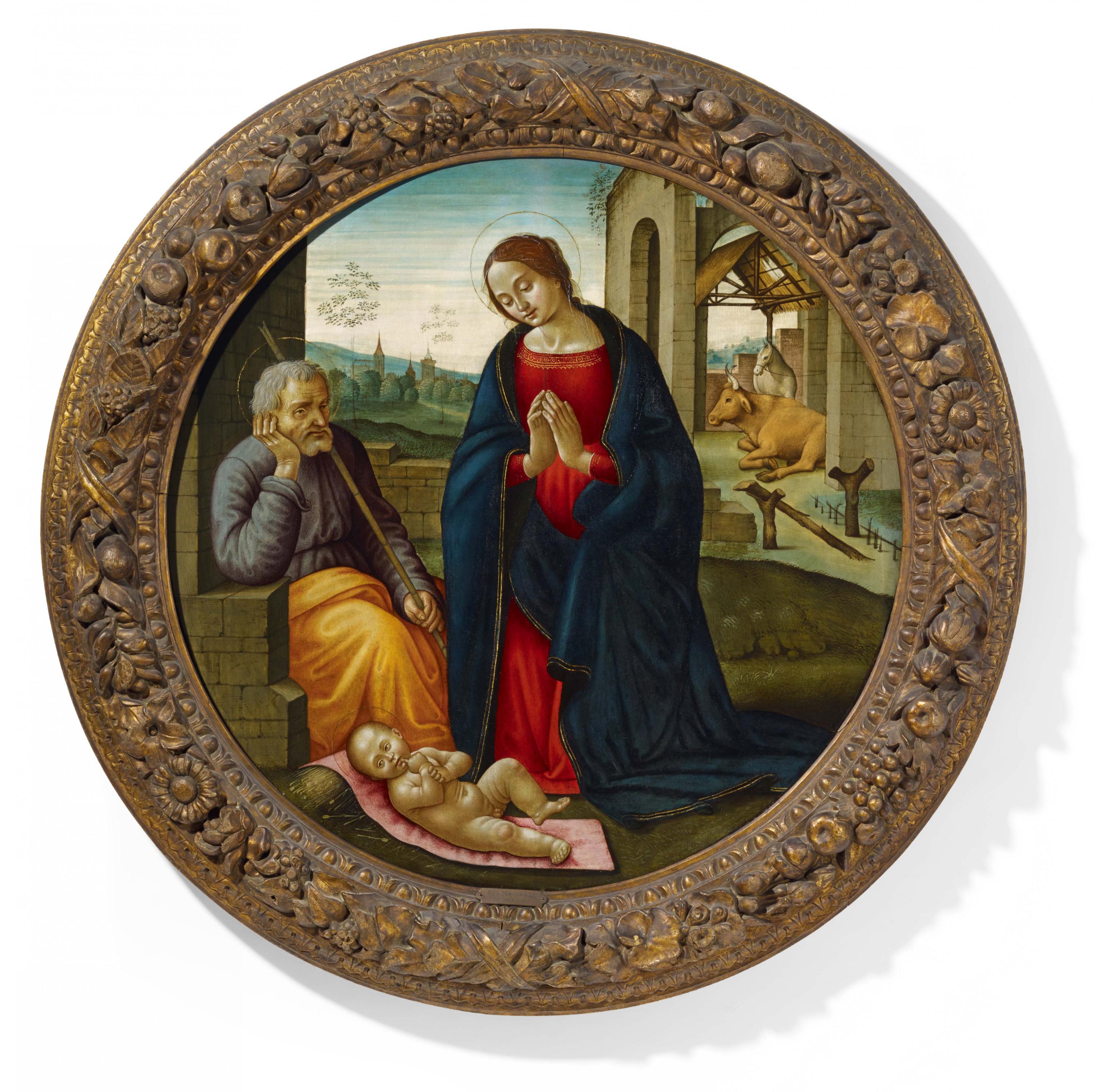 Mainardi, Sebastianoum 1460 San Gimignano - 1513 Florenz - zugeschriebenAnbetung des Kindes. Öl