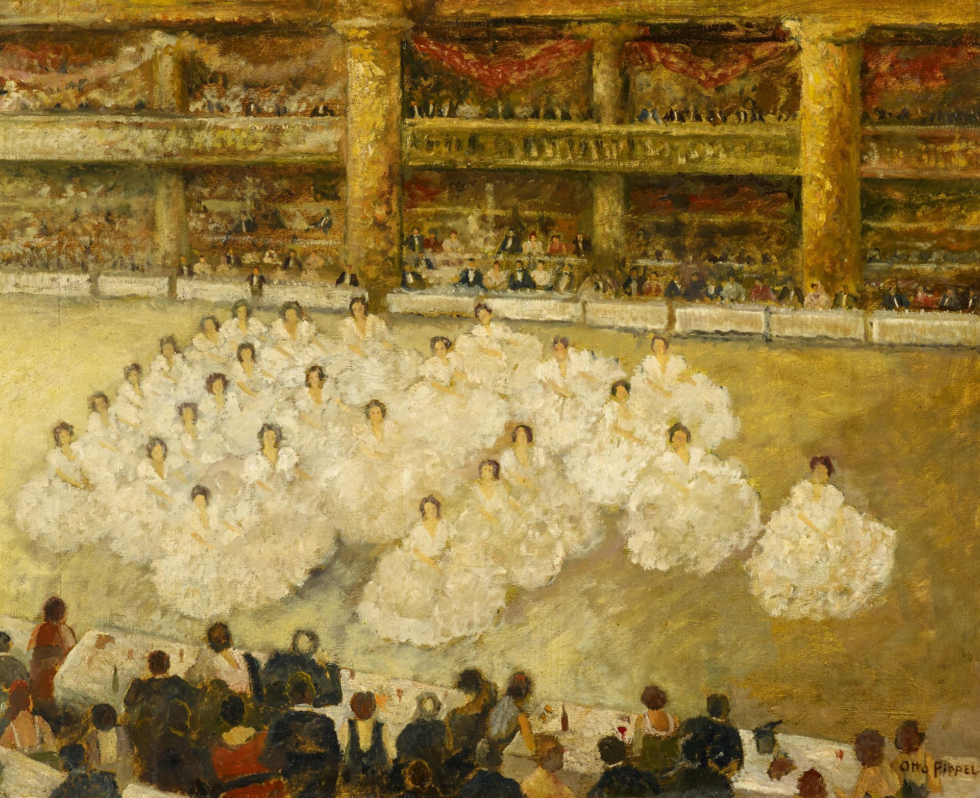 Pippel, Otto Eduard1878 Lodz - 1960 PlaneggTänzerinnen beim Ball. Öl auf Holz. 59,5 x 74cm. Signiert