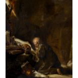 Leidener Schule - 17. Jh.Heiliger Hieronymus in der Höhle. Öl auf Holz. 27 x 23cm. Rahmen.