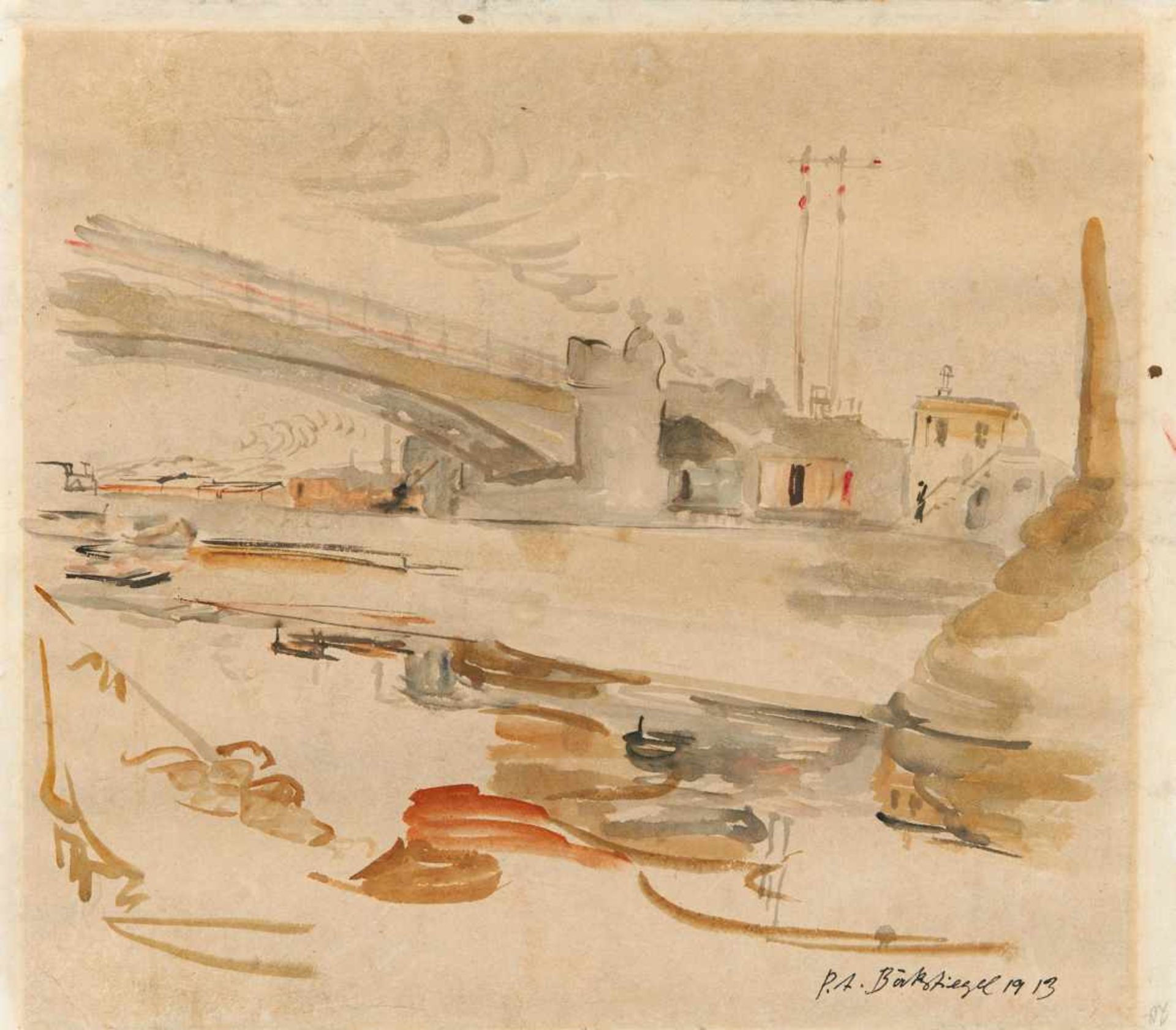 Böckstiegel, Peter August1889 Arrode - 1951 WertherStadt mit Brücke. 1913. Aquarell auf Japan. 41, - Bild 2 aus 3