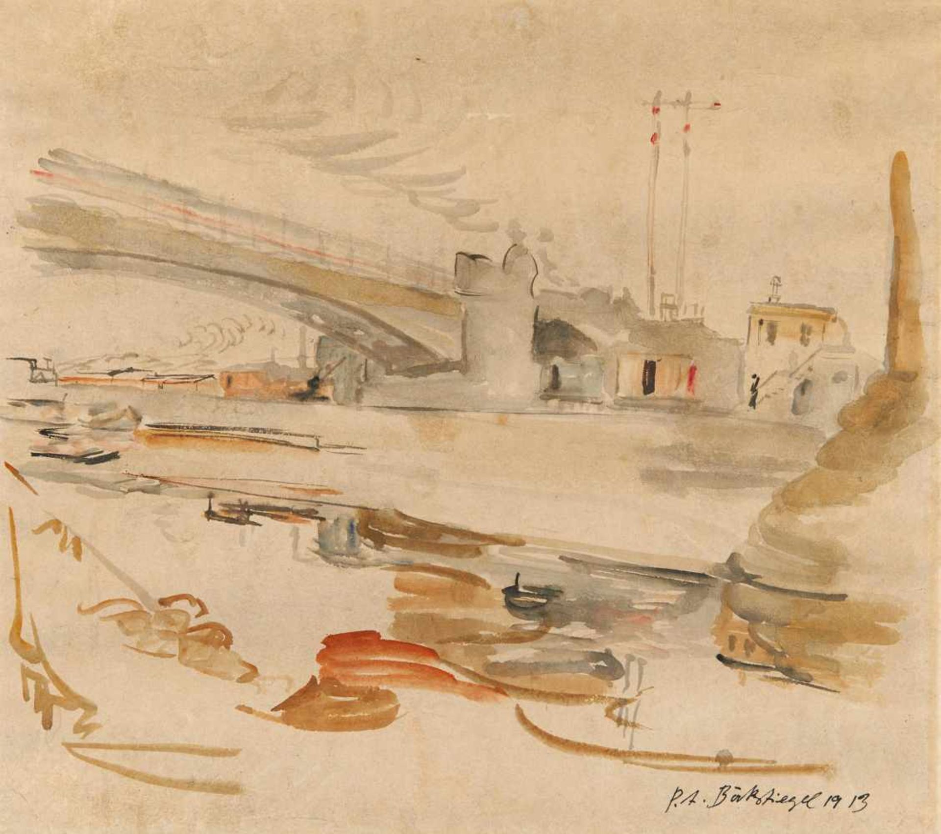 Böckstiegel, Peter August1889 Arrode - 1951 WertherStadt mit Brücke. 1913. Aquarell auf Japan. 41,