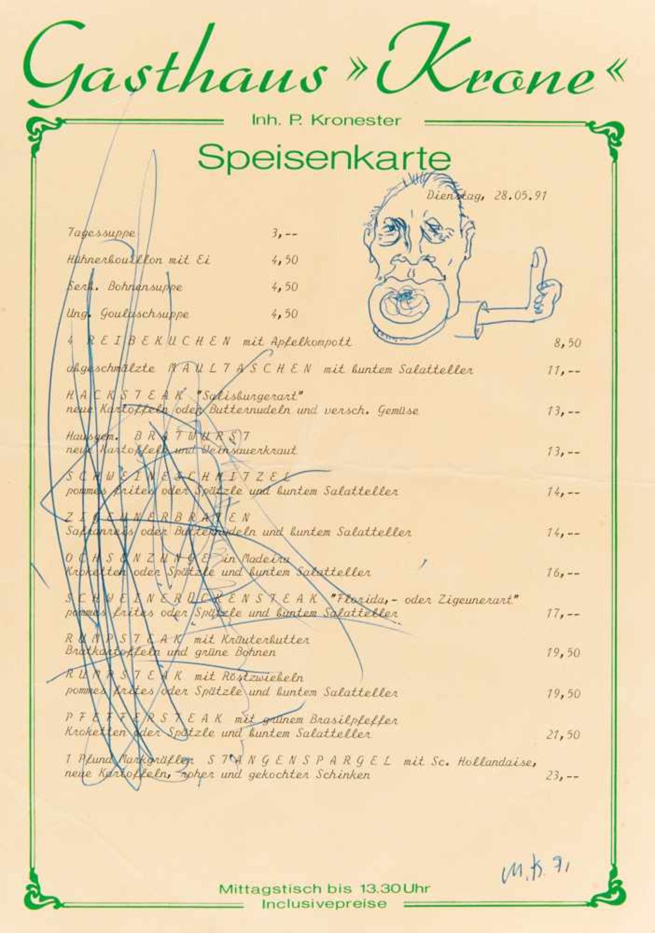 Kippenberger, Martin1953 Dortmund - 1997 ViennaUntitled. 1991. Biro drawing on Menu - Gasthaus Krone