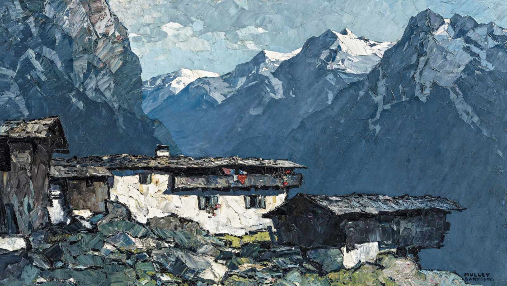 Mulley, Oskar1891 Klagenfurt - 1949 Garmisch"Bergbauernhof". Oil on canvas. 80 x 140cm. Signed and