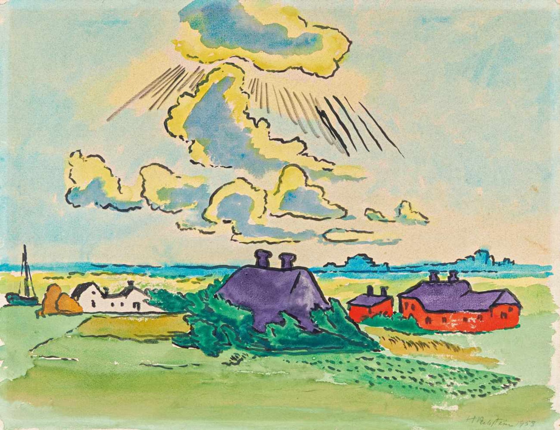 Pechstein, Hermann Max1881 Zwickau - 1955 BerlinKüstenlandschaft mit Dorf. 1950. Watercolour on