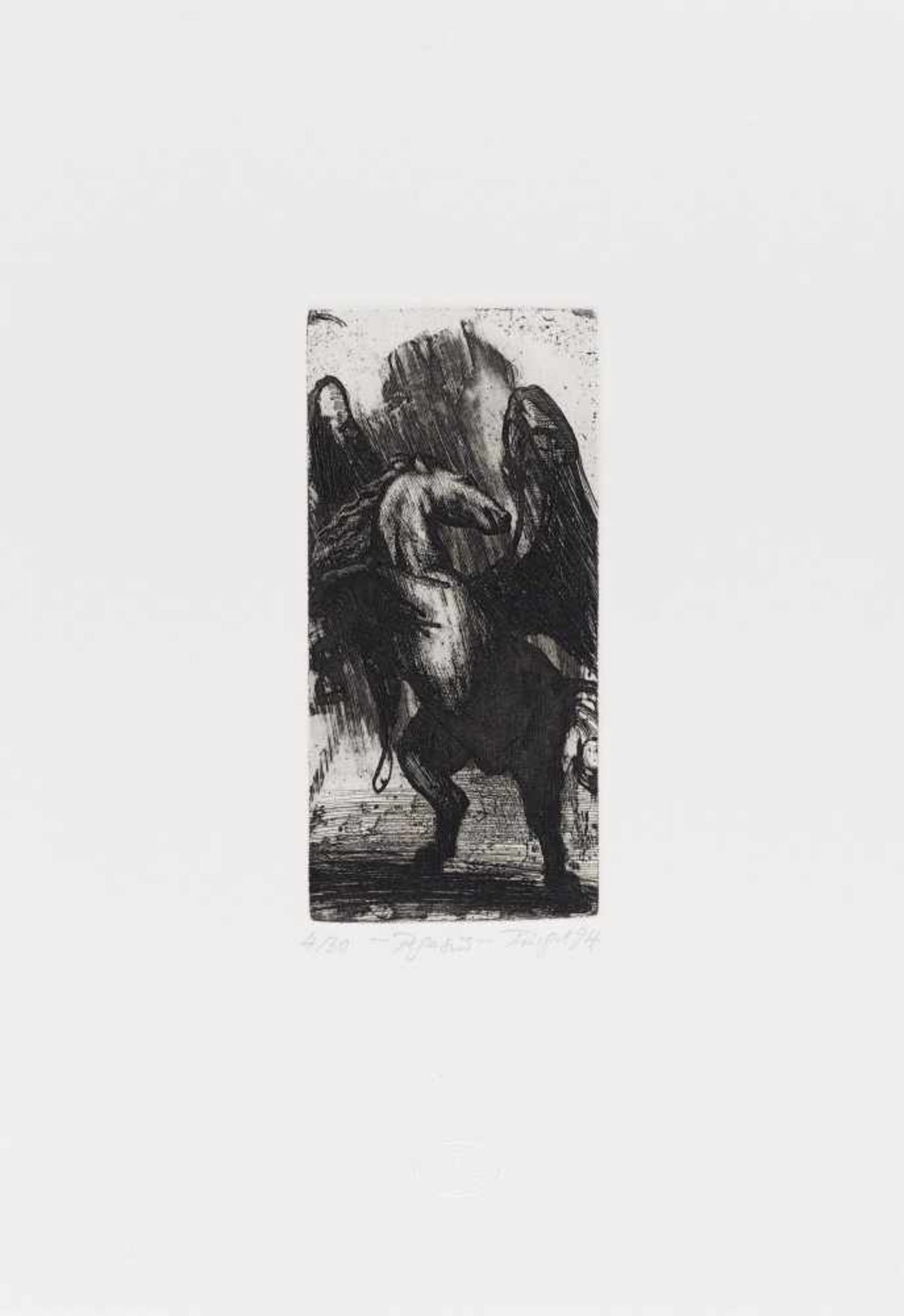 Triegel, Michael1968 Erfurt"Pegasus". 1994. Line engraving and sugar lift on laid paper. 175 x 8.5cm